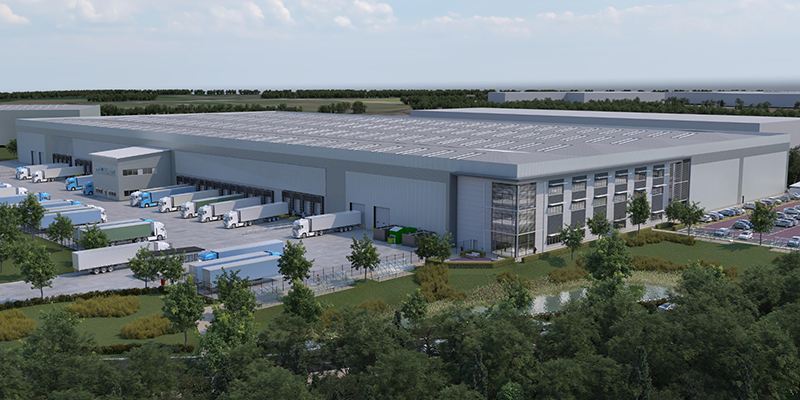 invest-strategic-greenbox computer generated image of a large logistics unit with heavy goods vehicles on loading docks