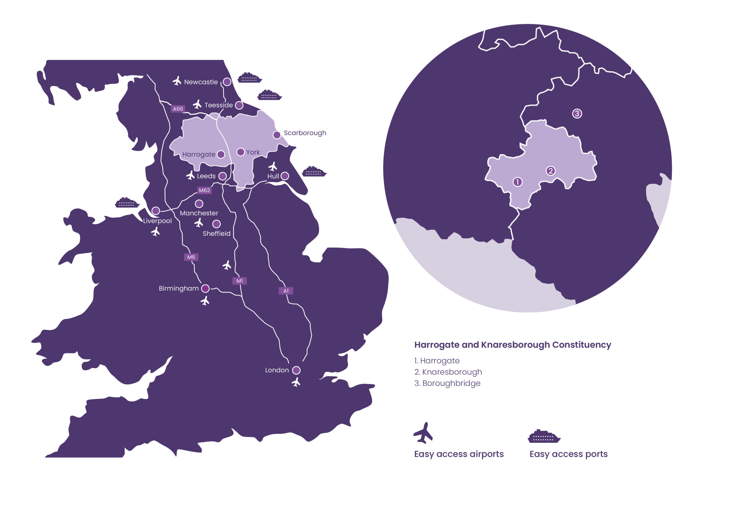 Harrogate area map A circular map graphic of North Yorkshire shown in purple, highlighting four numbered locations representing Harrogate, Ripon, Knaresborough, and Boroughbridge.