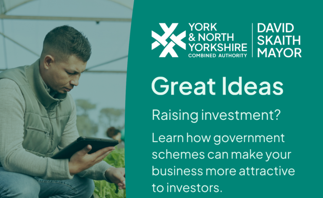 Promotional graphic about raising investment through government schemes, featuring a person using a tablet and information from the York and North Yorkshire Combined Authority. Promotional graphic about raising investment through government schemes, featuring a person using a tablet and information from the York and North Yorkshire Combined Authority.