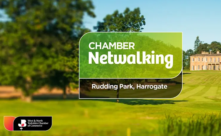 Promotional graphic for a Chamber Networking event at Rudding Park, Harrogate, set against a green parkland backdrop. Promotional graphic for a Chamber Networking event at Rudding Park, Harrogate, set against a green parkland backdrop.